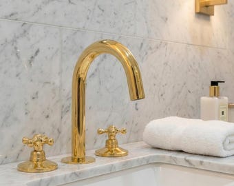 Luxury Polished Brass Deck-Mount Faucet – Mixer with Cross Handles | Solid Brass Bathroom Tap Set