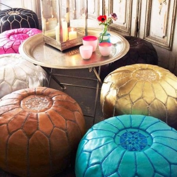 Pouf en cuir marocain , pouf marocain fait à la main, style vintage, maison de décor, décor vintage