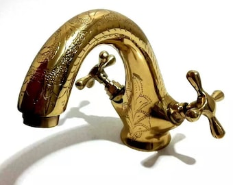 Bathroom Kichen Faucet Hand Engraved Moroccan Brass Gold Color Faucet Tap