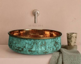 Green Patina copper Moroccan sink hammered , vintage copper sink bathroom style , hammered Oxidized copper sink