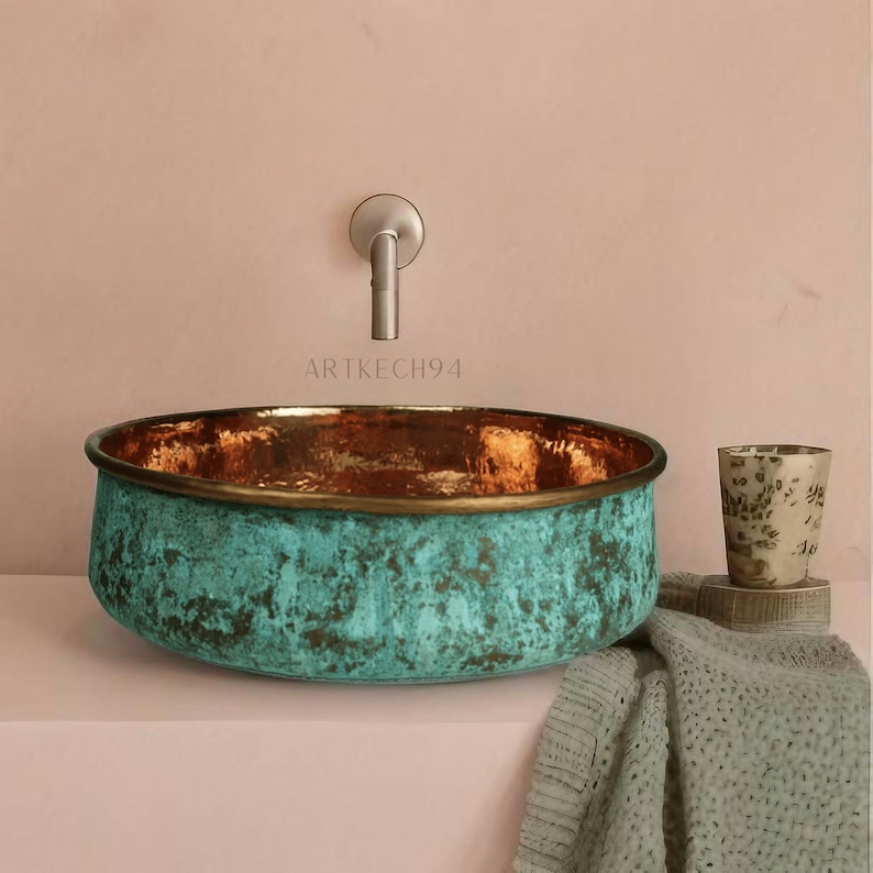 Green Patina copper Moroccan sink hammered , vintage copper sink bathroom style , hammered Oxidized copper sink zdjęcie 1