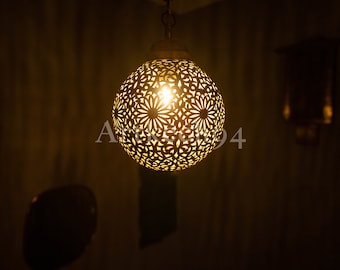 brass lamp , Moroccan lighting style, handmade pendant lamp, vintage lighting ball style , brass arabic pattern