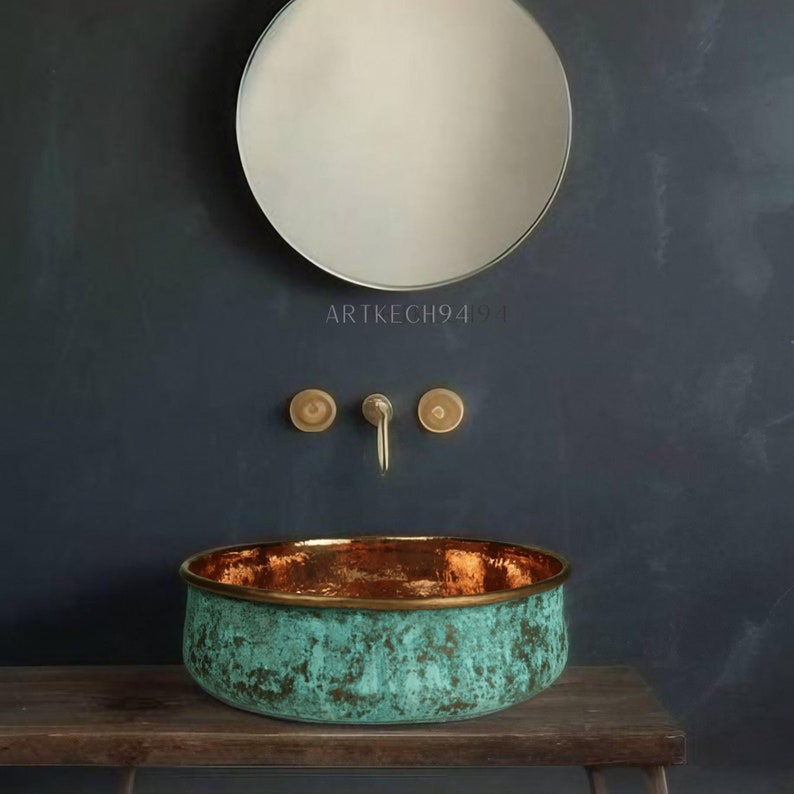 Green Patina copper Moroccan sink hammered , vintage copper sink bathroom style , hammered Oxidized copper sink zdjęcie 2