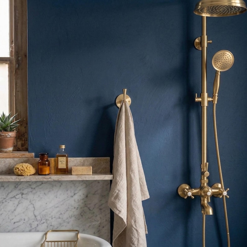 Peut inclure: Une salle de bain avec une douche et un porte-serviettes en laiton. Une serviette beige est suspendue au crochet. Une &eacute;tag&egrave;re contient des produits de bain et une &eacute;ponge. Le mur est peint en bleu fonc&eacute;.