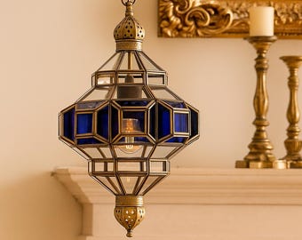 Handmade Moroccan Pendant Lamp: Blue & Clear Stained Glass Lantern
