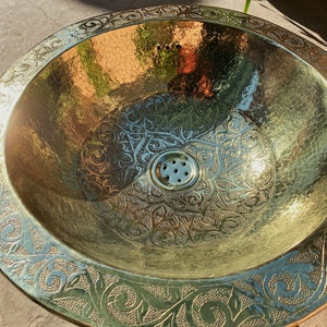 round sink , Hand engraved brass Moroccan sink hammered , Marrakech decor style vintage brass Sink, arabic bathroom , handmade pattern image 1