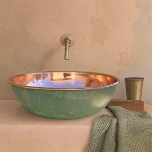 Green Patina copper Moroccan sink hammered , vintage copper sink bathroom style