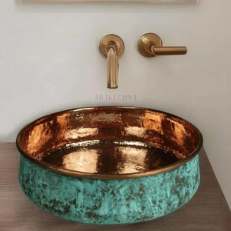 Green Patina copper Moroccan sink hammered , vintage copper sink bathroom style , hammered Oxidized copper sink zdjęcie 3