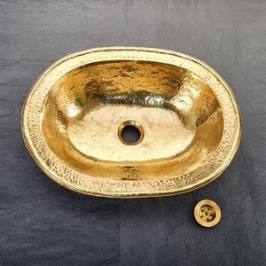 Fregadero marroquí de latón martillado color oro redondo/ovalado hecho a mano, decoración de baño marroquí, fregadero de latón estilo vintage imagen 1