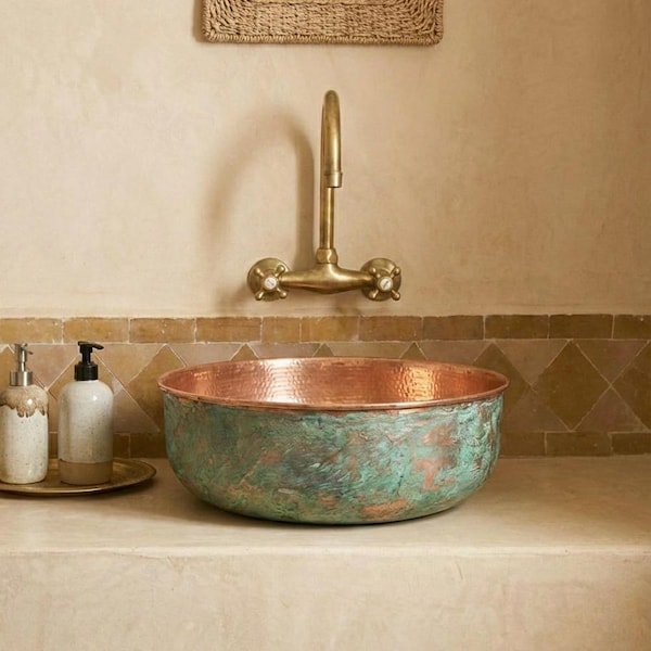 Green Patina Copper Vessel Sink | Hammered Verdigris Bathroom Basin | Handmade Two-Tone Vanity Bowl | Rustic Moroccan Washbasin