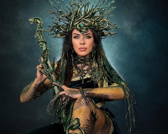 Large Green Medusa Halo Crown, Halloween Snake Goddess Costume, Gorgon Set