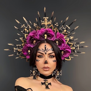 Santa Muerte, Calaveras y Rosas, Reina de Calaveras, Corona de Reina de Halloween, Corona Catrina, Rosas y Calaveras Lilas, Boda Alternativa