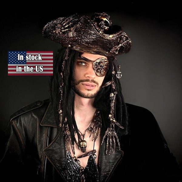 Captain Jack Sparrow, Pirate Skull Tricorne, Men's Pirate Сostume, Pirates of the Caribbean,  Barbossa, Steampunk, Festival, LARP, Cosplay
