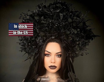 Burning man, Black Floral Crown, Gothic Headpiece, Dark Evil Queen Halo