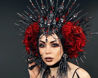 Red Floral Spike Crown Large Photoshoot Goth Dark Romance Gothic Rose Crown - Faeted Creations  main image 3