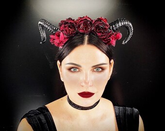 Horned flower crown,Satyr headdress,Ram horn headpiece,Red flower horn headband,Headband burning man,Krampus horns,Black horns for Halloween