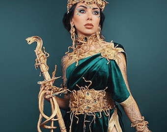 Halloween, Gold Medusa Tiara, Rhinestone Serpent Crown, Gothic Headpiece