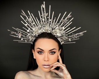 Goddess Crown, Sunburst Silver Crown, Halo Crown, Wedding Headpiece, Spike Goddess Headpiece, Gala Headband