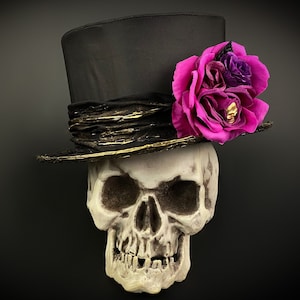 Día de los Muertos, Sombrero de copa negro para hombre con rosa, Santa Muerte masculina, Día de los Muertos, Sombrero de copa plegable, Sombrero negro de Halloween, Calavera de azúcar