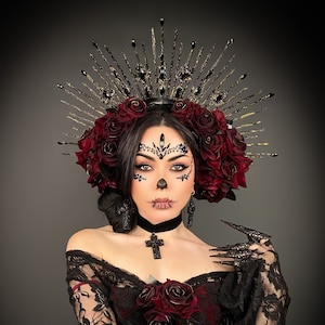Santa Muerte, Frida Kahlo, Le jour des morts, Dia de los Muertos, Santa Catarina, Sugar Skull, couronne de déesse gothique, couronne de déesse noire