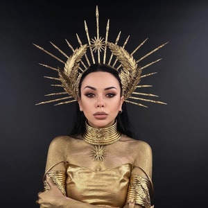 Fashion Gold Headband, Glitter Met Gala Crown, Sunburst Crown, Spike Halo Crown, Goddess of Victory, Galaxy Crown, Laurel wreath, Fire bird image 3