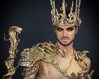 Halloween, Luxury Gold Medusa Crown: Snake King Headdress, Gothic Costume