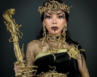 Halloween, Gold Medusa Tiara, Rhinestone Serpent Crown, Gothic Headpiece