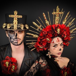Gotische kroon paar, Santa Muerte-hoofddeksels voor stel, Santa Muerte-kroon en hoge hoed voor mannen en vrouwen, Dia de los Muertos, suikerschedel