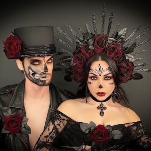 Dia de los Muertos, gotische kroon stel, Santa Muerte-hoofddeksels voor stel, Santa Muerte-kroon en hoge hoed voor mannen en vrouwen, suikerschedel