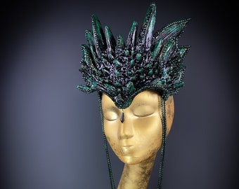 Dragon Queen, Green Dragon Crown, Dragon Fairy, Black Dracaris Crown, Fantasy Headdress, Rhinestone Goddess Tiara, Burning Man, Festival