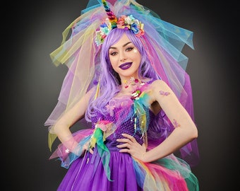 Burning man, Rainbow Unicorn Costume Set, Tulle Dress & Headband, Cosplay MLP