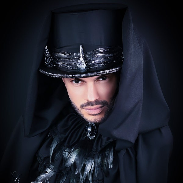 Gothic Raven Top Hat, Black Raven Top Hat, Black Bird, Phoenix Enchanter, Male Top Hat Folding, Steampunk, Fantasy Headdress, Cosplay