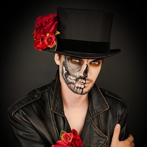 Masculino Santa Muerte, Dia de los Muertos, Cartola masculina negra com rosa, Dia dos Mortos, Cartola dobrável, Chapéu preto de Halloween, Chapéu de Halloween