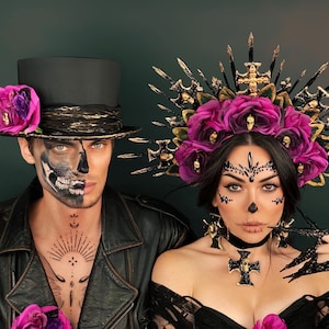 Santa Muerte-hoofddeksels voor stel, Dia de los Muertos, gotische kroon stel, Santa Muerte-kroon en hoge hoed voor mannen en vrouwen, suikerschedel