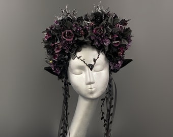 Burning man, Gothic Elf Crown, Dark Fairy Headpiece with Black Flowers