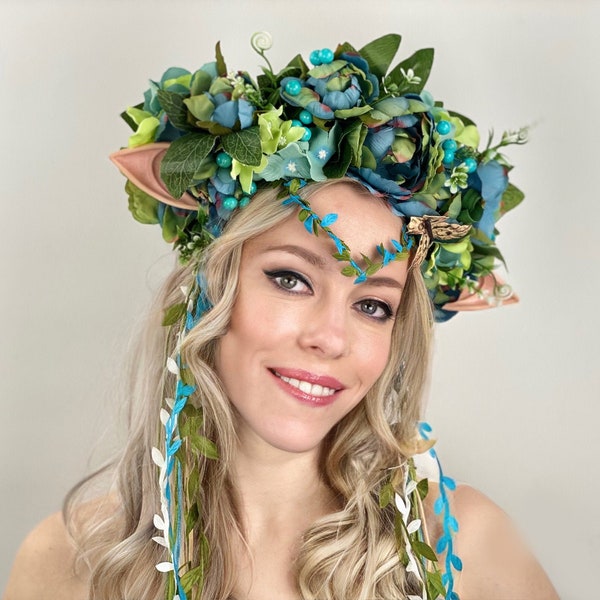 Couronne de fée bleue elfique, diadème elfique, casque elfique, couronne de fée, cosplay, couronne de fleurs de fée, coiffure de fée, coiffure fantastique.