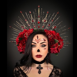 Santa Muerte, Dia de los Muertos, Santa Catarina, Sugar Skull, Frida Kahlo, Jour des morts, Couronne de déesse gothique, Couronne de déesse noire