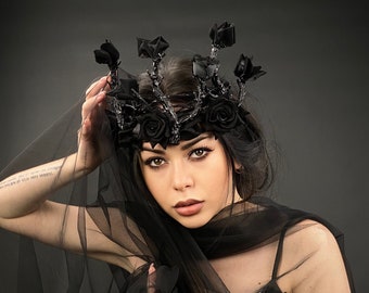 Burning Man, corona de rosa negra con velo, tocado gótico, diadema de boda oscura