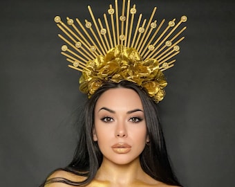 Sunburst crown, Halo spiked headpiece, Met flower crown, Sunburst headpiece, Goddess crown, Spike rose headband, Gold halo crown, Mardi Gras