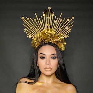 Sunburst crown, Halo spiked headpiece, Met flower crown, Sunburst headpiece, Goddess crown, Spike rose headband, Gold halo crown, Mardi Gras