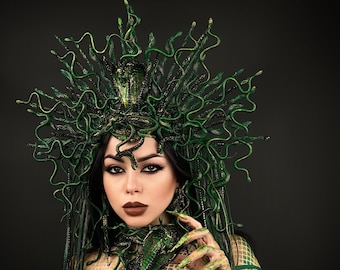 Halloween, Green Gorgon Medusa Headdress, Spiked Gothic Snake Crown