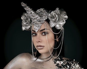 Fantastic unicorn headpiece, Flower unicorn crown, Silver unicorn headband, Pegasus crown, Bachelorette headpiece, Flower crown, Cosplay