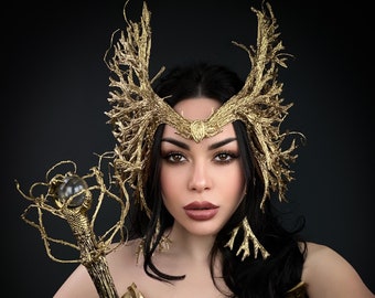 Wood elf tiara, Golden fairy tiara, Nymph tiara, Golden angel headdress, Fairy headdress, Golden branches tiara, Elven headdress, Met Gala