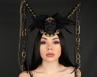 Demon horns headpiece, Dark Queen crown,  Antelope gothic crown, Black magic crown, Sugar skull headpiece, Horned Goddess, Magic Horns crown