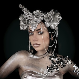 Fantastic unicorn headpiece, Flower unicorn crown, Silver unicorn headband, Pegasus crown, Bachelorette headpiece, Flower crown, Cosplay