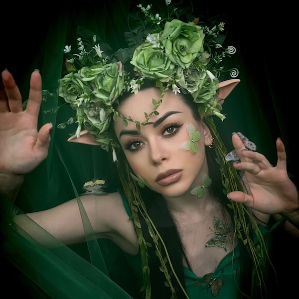 Corona de flores de elfo, tocado de ninfa, diadema de hadas, tiara de flores, corona verde halo, tocado verde grande, hada del bosque.