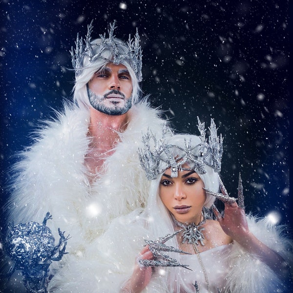Winter crowns for couple, Ice Queen and Ice King crowns, Snow King and Snow Queen, Silver Queen and Silver King, Christmas crowns for couple