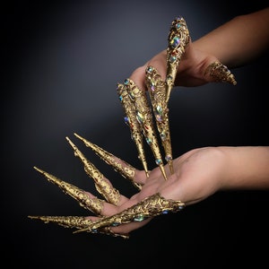 Fingerkrallen, Gold Finger Schmuck, Gothic Nägel Schmuck, Halloween, Filigraner Schmuck, Gold Finger, Zuckerschädel, Photoprops