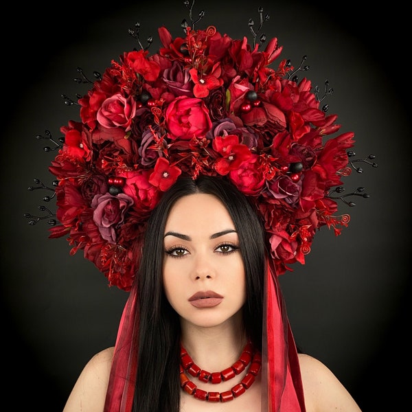 Burgundy Luxury Flower Crown, Large Floral Crown, Modern Ethno, Met Gala, Dia de los Muertos, Frida Kahlo hair tie, Ukrainian Headdress