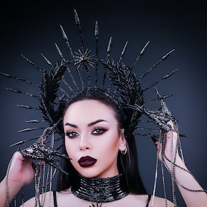 Fashion Gothic Krone, Dark Queen, Schwarze Siegesgöttin, Glitter Met Gala, Sunburst Krone, Spike Halo Krone, Galaxy Krone, Lorbeerkranz